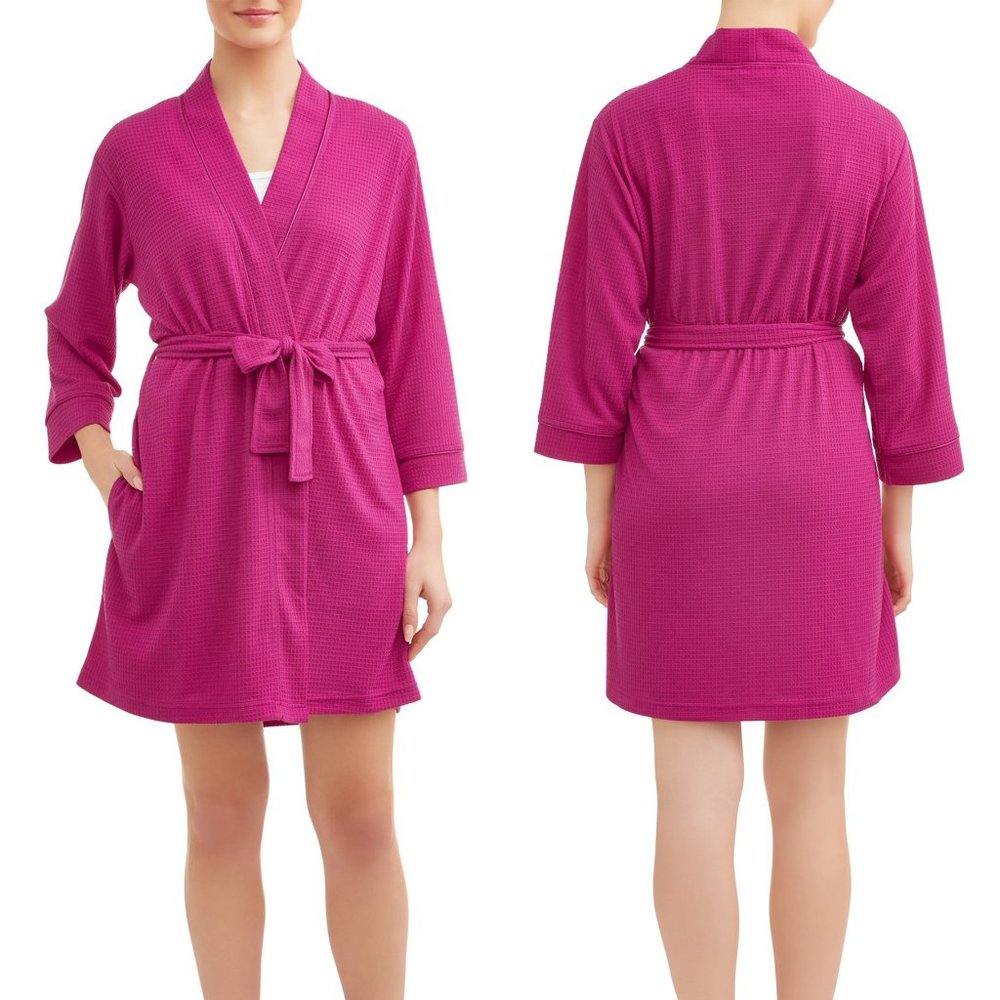 1 Left!! SECRET TREASURES Hot Pink Waffle Textured Knit Belted Short Robe NWT